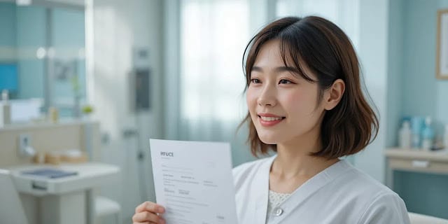 건강검진을 마친 후 확인서를 들고 안도하는 표정의 모습