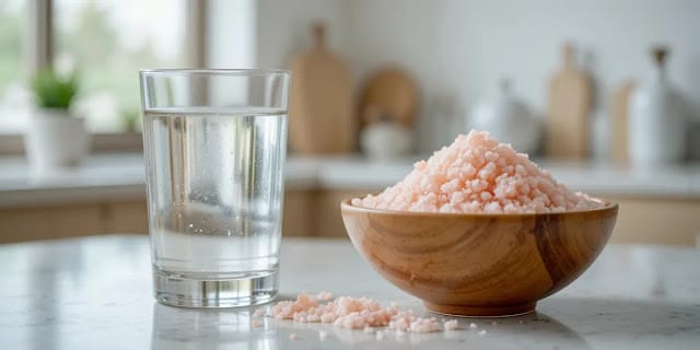수분과 전해질 보충을 위해 준비된 소금과 물 모습 깨끗한 주방 선반 위에 놓인 물잔과 핑크 솔트 모습