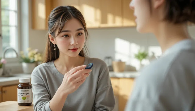 혈당 측정기로 혈당 확인하며 건강 체크하는 모습