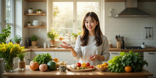 식단 원리를 설명하며 신선한 식재료를 차려놓은 모습