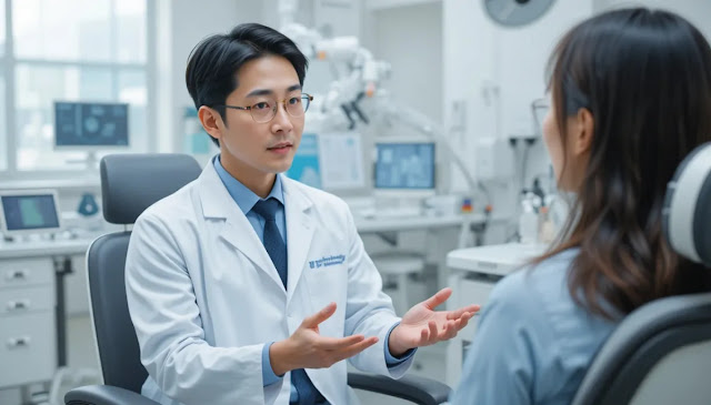 전문 상담원과의 1대1 면담 모습 진료실에서 전문가와 마주 앉아 건강 상담을 받는 모습