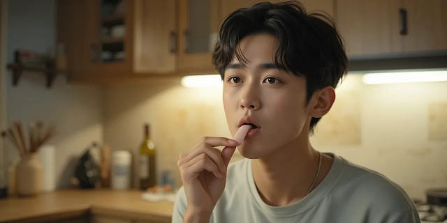 검사 전 껌을 씹는 습관을 고민하는 모습 위내시경 전 껌 섭취를 망설이는 모습