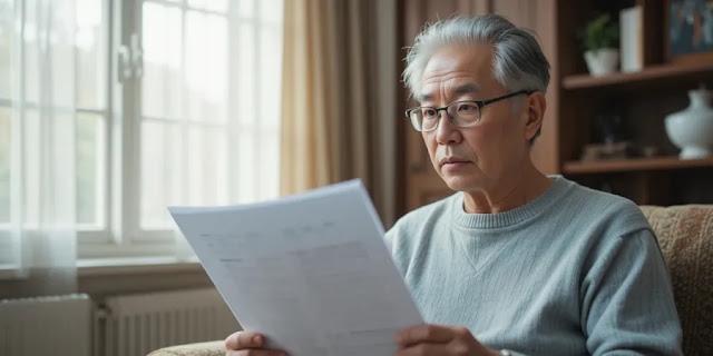 건강검진 결과지를 읽고 있는 중년 남성의 모습