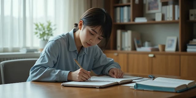검사 전 체크리스트를 작성하는 모습 위내시경 전날 준비사항을 정리하는 모습