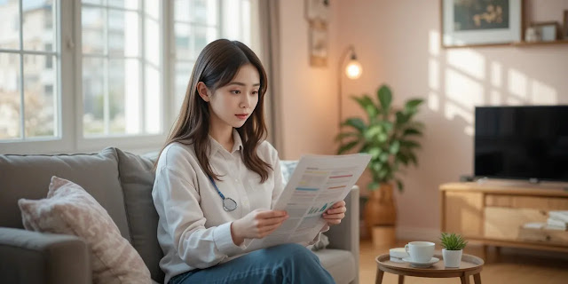 거실에서 건강검진 문서를 읽는 모습