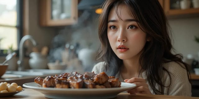 식단 구성의 균형에 대해 생각하고 있는 모습 주방에서 삼겹살 접시를 보며 고민에 빠진 여성의 모습
