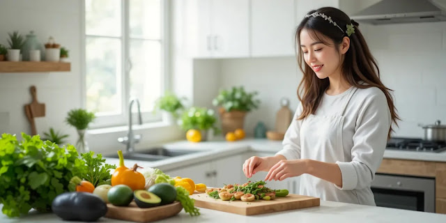 신선한 채소와 아보카도로 식단을 준비하는 여성의 모습