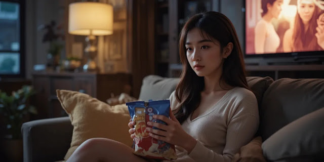 밤늦게 거실 소파에 앉아 간식을 먹는 모습