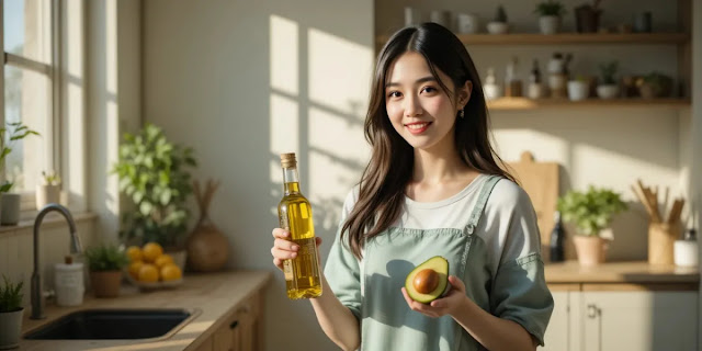신선한 아보카도와 오일을 들고 있는 여성의 모습