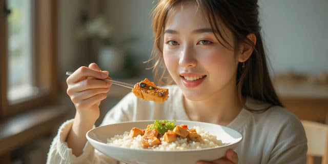 밥을 먹기 전 두부와 생선을 먼저 섭취하는 모습
