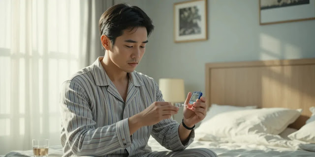 아침 공복 혈당 수치 확인하는 모습 아침 기상 직후 침대 옆에서 혈당 측정기로 수치를 체크하는 모습