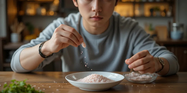 전해질 부족 해결을 위해 소금을 먹는 모습 식탁 위에서 미네랄 소금과 영양제를 섭취하 모습