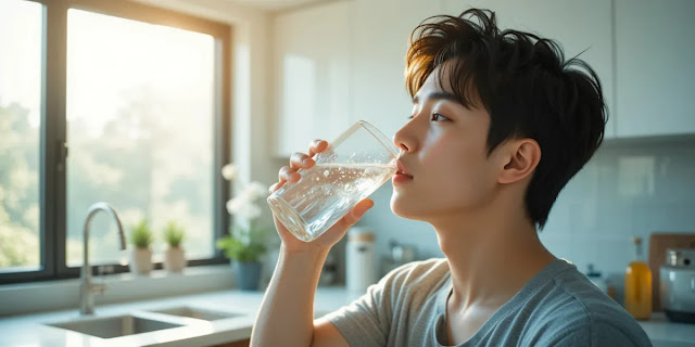 키토제닉 입냄새 예방을 위해 물을 마시는 모습 주방에서 신선한 물을 마시며 구강 건조를 해결하는 모습
