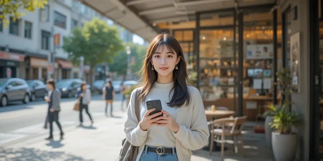 식당 앞에서 메뉴를 고민하며 서 있는 직장인 여성의 모습