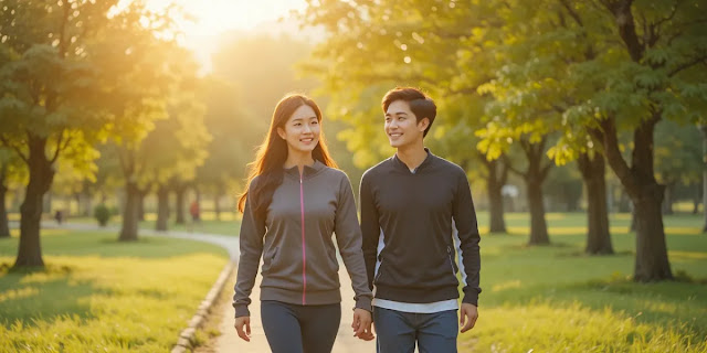 식후 산책으로 혈당 스파이크 예방하는 모습 해 질 녘 공원에서 가벼운 운동복 차림으로 산책하며 활동량을 늘리는 모습