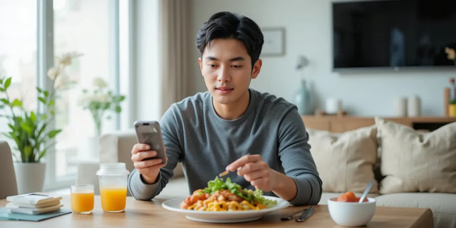 식사 후 디지털 기기로 수치를 확인하는 모습