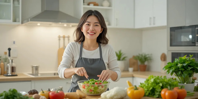 혈당 안정을 위해 건강한 음식을 조리하는 모습 깨끗한 주방에서 채소 요리를 즐겁게 준비하는 모습
