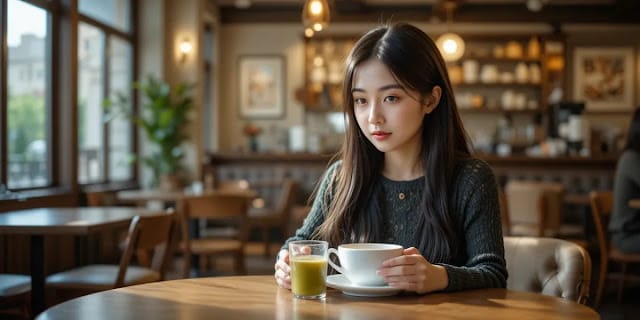 카페에서 단 음료 대신 건강한 차를 고르는 모습