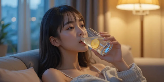 수분 보충을 위해 레몬 물을 마시며 휴식하는 모습