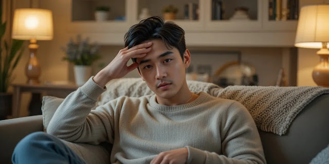 소파에 앉아 가벼운 두통을 느끼며 휴식을 취하는 남성의 모습
