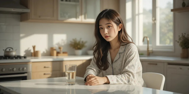 밝은 주방 창가에서 물컵을 두고 생각에 잠긴 여성의 모습
