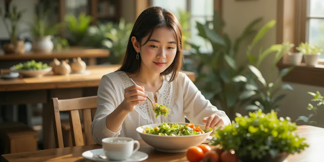 식사 순서를 조절하여 채소를 먼저 섭취하는 모습