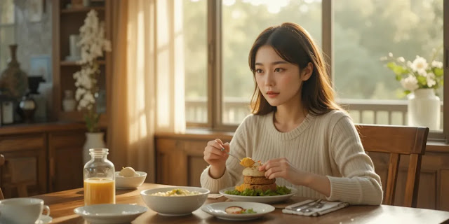 체지방 줄이는 식단을 실천하는 모습 아늑한 식에서 여유롭게 건강식을 섭취하는 모습