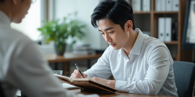 꾸준한 공복 혈당 관리 기록하는 모습 수첩에 매일 측정한 공복 혈당 기록과 생활 습관 개선 사항을 꼼꼼히 적는 모습