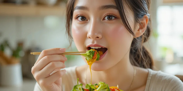 식이섬유가 풍부한 찐 브로콜리를 먹는 모습