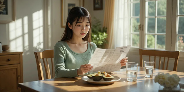식단표를 보며 일주일 계획을 세우는 여성의 모습