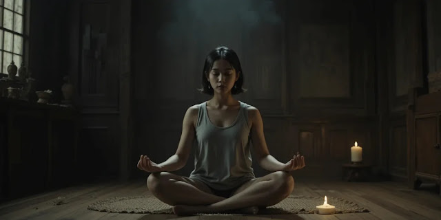 스트레스를 다스리며 안정을 취하는 모습 촛불 옆에서 차분하게 명상에 잠긴 여성의 모습