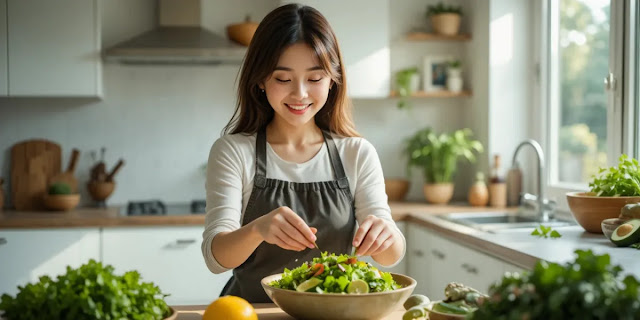 주방에서 신선한 저탄수 샐러드를 준비하는 모습