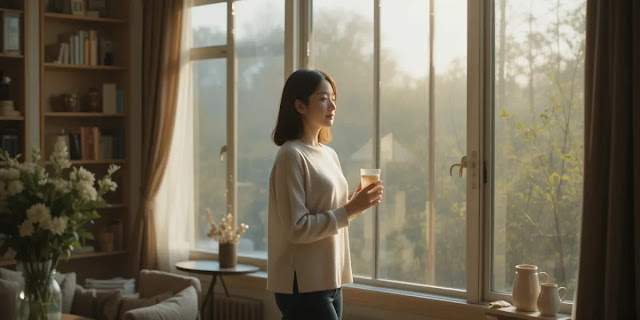 공복 상태에서 하루를 시작하는 차분한 모습 아침 햇살을 받으며 물 한 잔을 마시는 모습