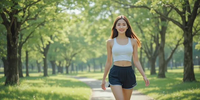 혈당 관리와 대사 활성화를 위한 야외 활동 모습 햇살 비치는 공원을 가볍게 산책하며 미소 짓는 모습