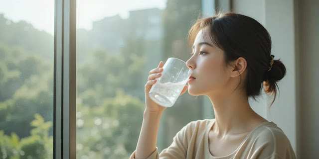 공복 시간에 수분을 보충하며 휴식하는 모습 환한 창가에 서서 수분 보충을 위해 시원한 물을 마시는 모습