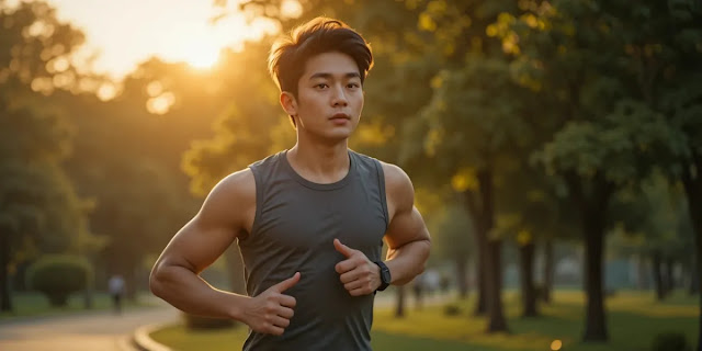 노을 지는 공원에서 가볍게 달리는 남성의 모습