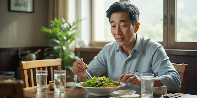 신선한 샐러드로 식사를 시작하는 모습