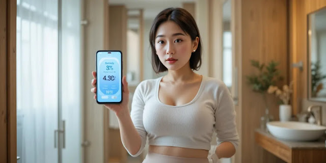 체중계에 올라가 스마트폰 앱 수치를 확인하는 모습