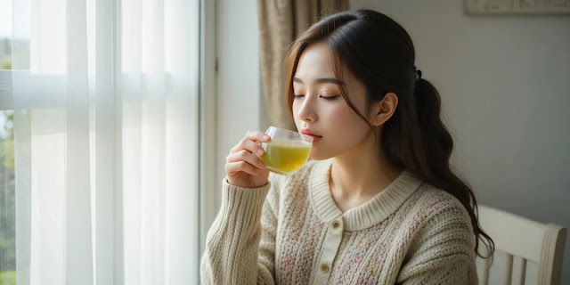 식후에 따뜻한 차 한 잔으로 여유를 즐기는 모습