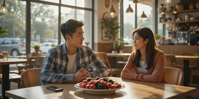 외출 시에도 키토 원칙을 지키며 간식을 즐기는 모습 카페에서 친구와 대화하며 신선한 베리류를 먹는 모습