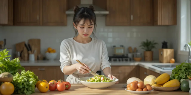 키토제닉용 식재료를 손질하며 요리하는 모습 주방에서 아보카도와 달걀로 건강식을 만드는 모습