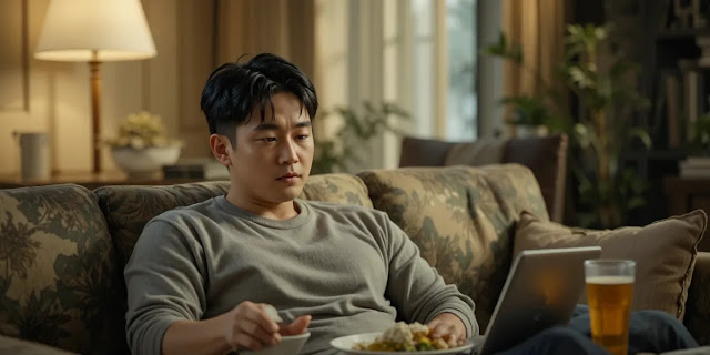 식후 밀려오는 졸음과 피로감을 느끼는 남성의 모습