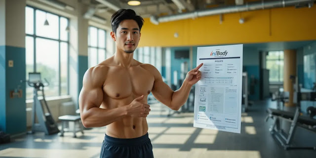 체성분 검사 결과지를 보며 웃고 있는 남성의 모습
