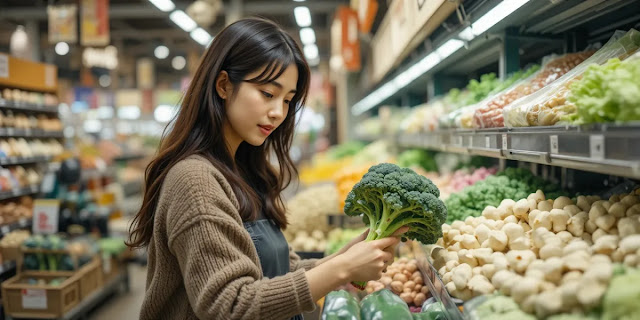 마트에서 신선한 채소를 꼼꼼하게 고르는 여성의 모습