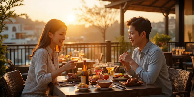 테라스 식당에서 고기 요리를 즐기며 웃는 커플의 모습