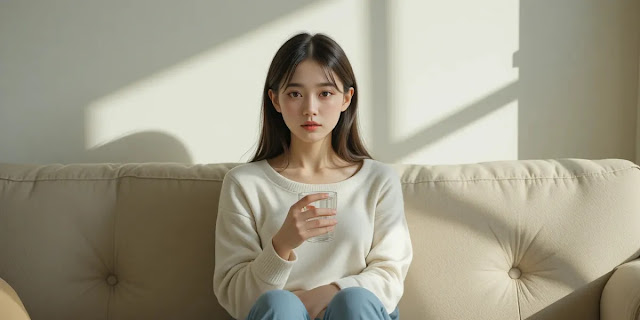 초기 무력감 증상 완화를 위해 휴식을 하는 모습 거실 소파에서 휴식을 취하며 컨디션을 조절하는 모습