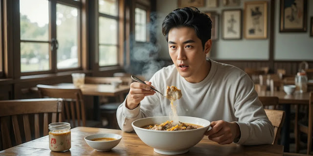김이 나는 국밥 국물을 맛있게 먹는 남성의 모습