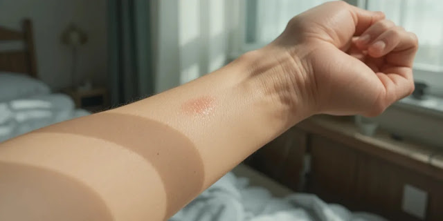 피부 발진 및 가려움을 확인하는 모습 실내 조명 아래에서 피부 상태를 꼼꼼히 살피는 모습