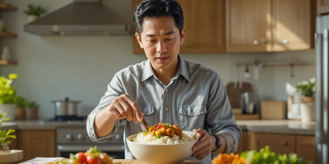 흰 쌀밥 대신 신선한 채소와 닭가슴살을 선택하는 모습