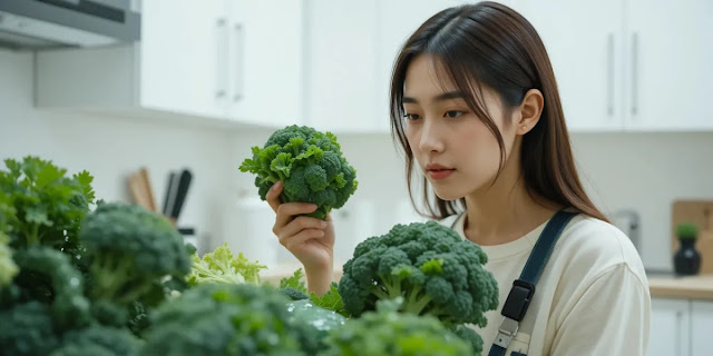 공복 혈당 낮추는 식재료 고르는 모습 주방에서 신선한 쌈 채소와 브로콜리 등 혈당 관리에 좋은 식재료를 살피는 모습